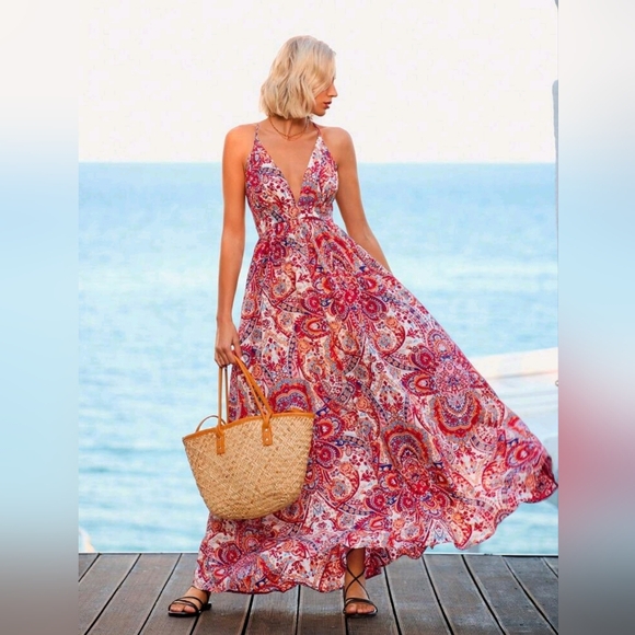 New Flowy Boho Scarf Print Maxi Dress Plunge V Neck Halter Long White Red Blue - Picture 1 of 8